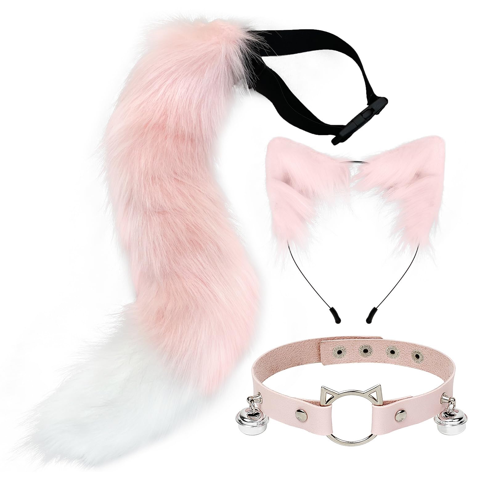 Feclmiyt Faux Fur Cat Ears Hair Clip Costume Ornament Furry Wolf Fox Tail Halloween Bell Leather Neck Chocker Cosplay Set Clubwear (Pink, 50cmx11cm)