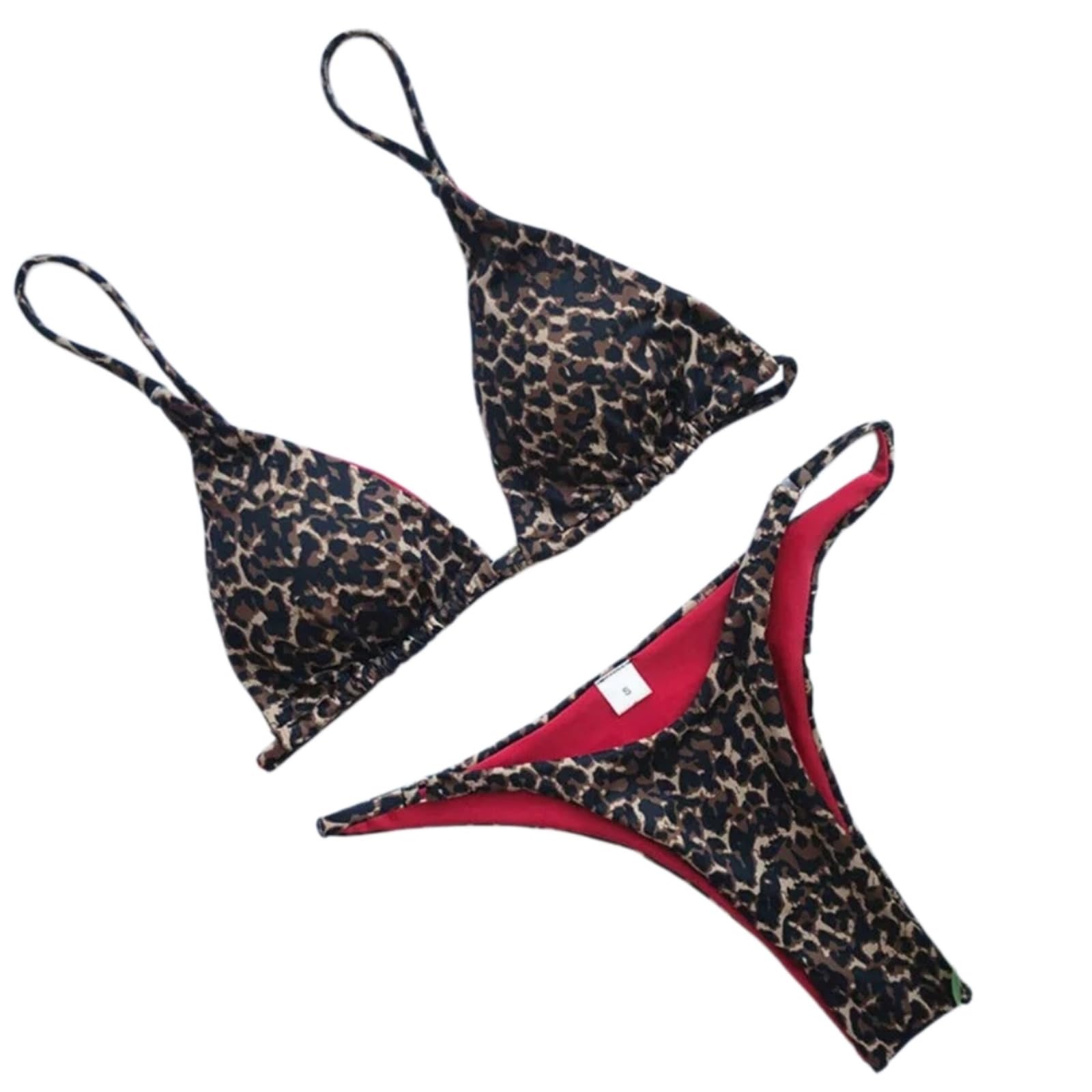 Bikini Mujer Mujeres Leopardo Impresión Set Acolchado Triángulo Top Tanga Baño Ropa De Playa-Leopard-s