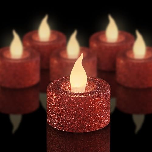 FURORA LIGHTING Paquete de 12 velas LED con purpurina roja, velas parpadeantes sin llama para decoración del hogar, 1.5 pulgadas de ancho x 1.65