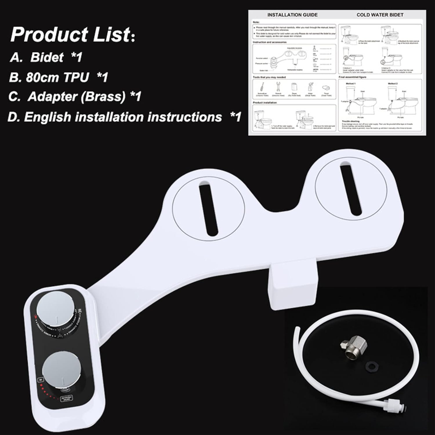 Dual Nozzle Toilet Bidet Universal Smart Toilet Bidet with Knob Switch Self Cleaning Sprayer for Male Female Children Elderly ABS Plastic 672g
