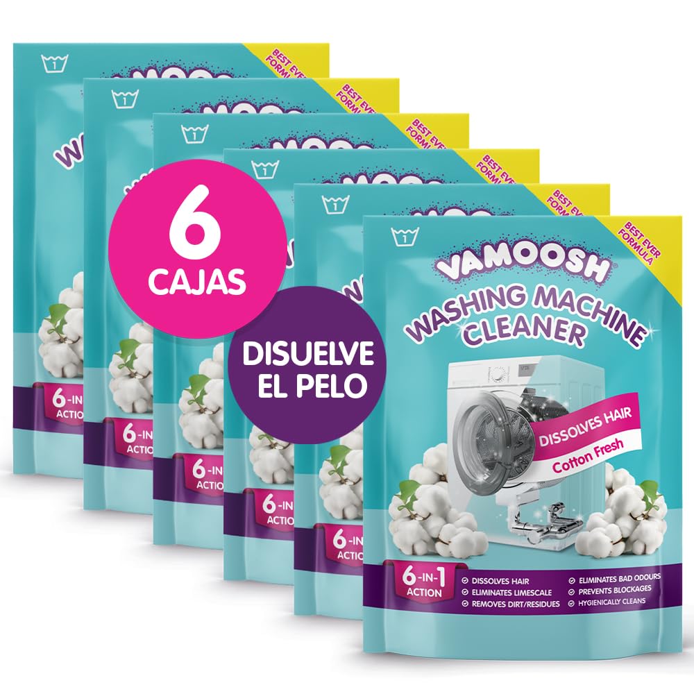 Vamoosh 6 in 1 Washing Machine Cleaner, Fresh Cotton Scent, Dissolves Hair, Removes Odors and Limescale, Deep Cleans, Leaves Fresh Smell, Antibacterial, Descales, 6 Washes