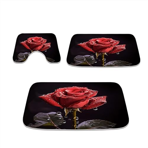 lczVEN Alfombras de baño de rosas rojas, imitación de cachemira romántica rocío floral, ultra suave, antideslizante, juego de 3 alfombras de baño