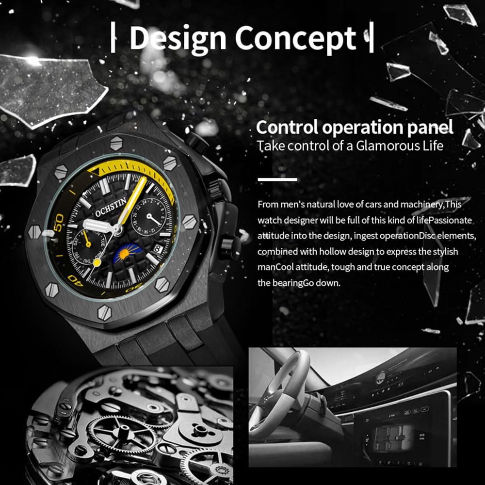 Modische Sportliche Mechanische Uhren Herren-Automatikuhr Mit Mondphase, Wochenkalender, Wasserdicht Tourbillon Armbanduhr, Silikonarmband Und Leuchtzeigern