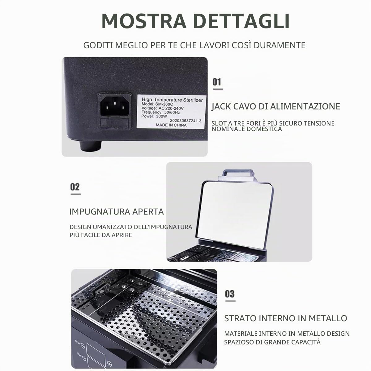 Sterilizzatore Ad Alta Temperatura Da 200 ℃ Con Timer, Sterilizzatore Per Utensili Per Unghie, Sterilizzatore A Calore Secco Da 2,6 L, Per Uso Medico,Dentistico,Tatuaggi,Salone Per Manicure,White