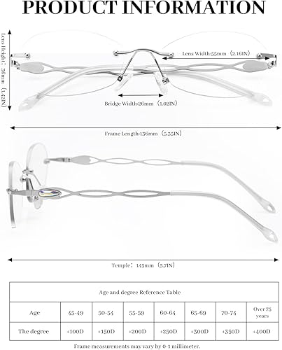 Miniatura 5 de LUFF Gafas de lectura sin montura para mujer, bloqueo de luz azul, ligeras, de metal, clásicas, antifatiga ocular