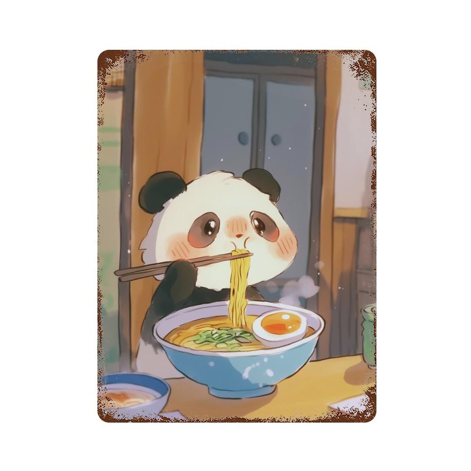 Cute Panda Eating Ramen - Japanese Food Rust Effect Tin Sign 15.7"x11.8", Old School Wall Decor for Farmhouse, Kitchen And Entryway Decor