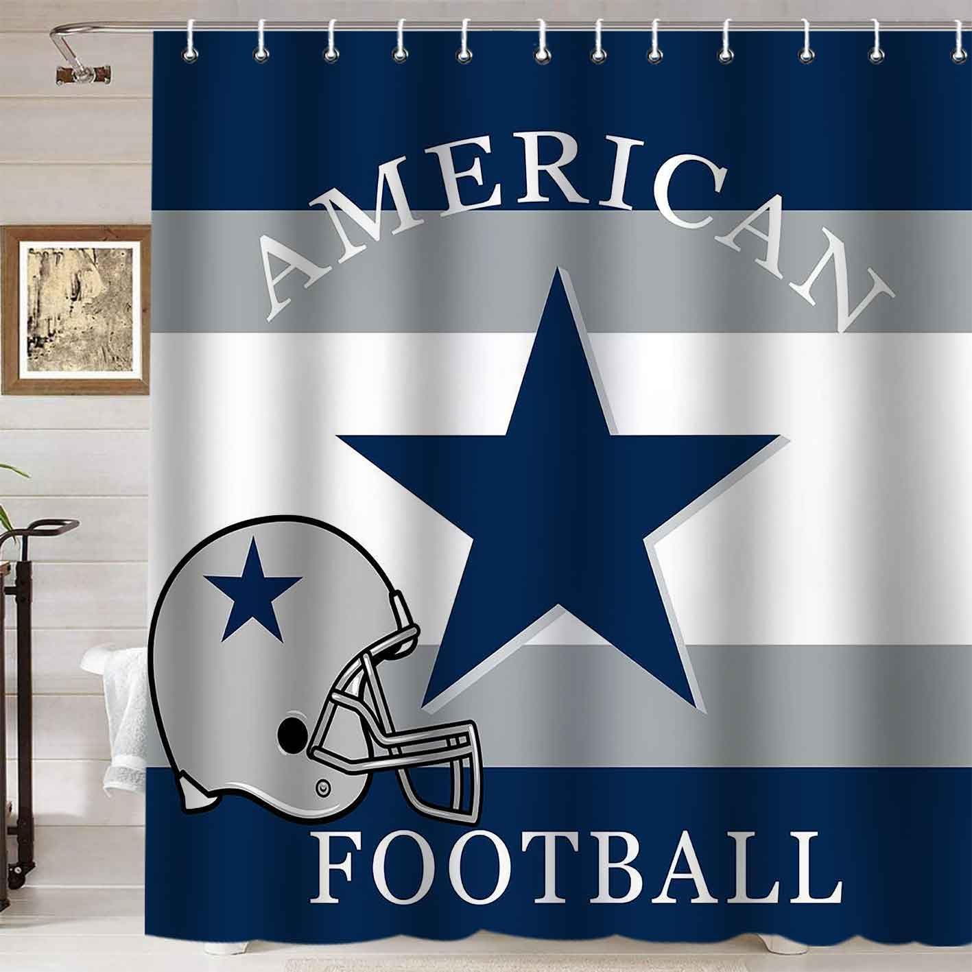 Namdeva 4PCS/Set American Football Shower Curtain, Grey White Navy Blue Striped Texas Star Championship Player Athlete Modern Cool Sports Bathroom Decor for Men, Non-slip Bath Rugs Toilet Mats, Helmet