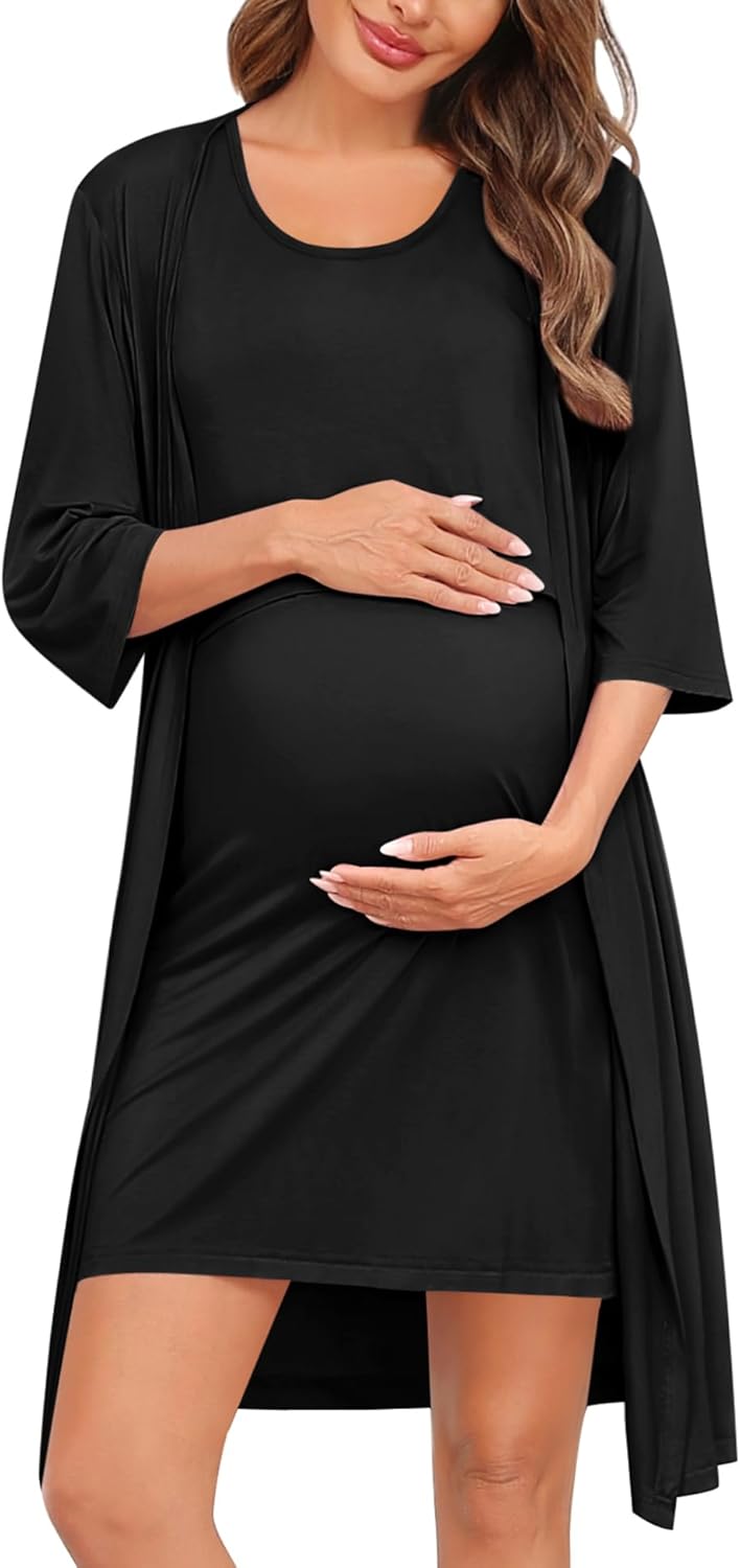 SWOMOG Women Maternity Nursing Gown and 3/4 Sleeve Robe Set Labor Delivery Nightgown Breastfeeding Hospital Bathrobe