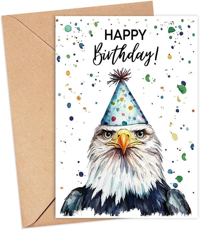 Bald Eagle Birthday Card With Party Hat - Happy Birthday Card - Bald Eagle Gift - Zoo Safari Animal Birth - Zoo Greeting Cards - Bald Eagles Watercolour Cards - Animal Lover Birth Gift
