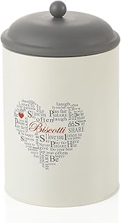 MONTEMAGGI Biscottiera cilindrica in ferro smaltato colore bianco e ardesia in stile shabby chic. Contenitore per biscotti con coperchio a chiusura ermetica con scritte e decorazione. Dimensione: 13,5x13,5x17 cm