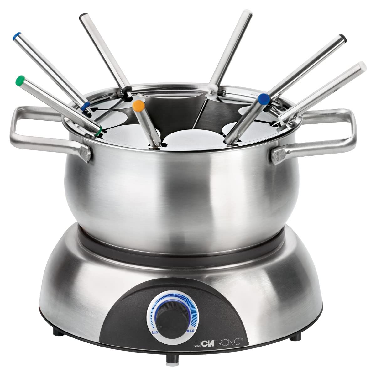Clatronic 263981 FD 3783 Electric, Pot with Removable Splash Guard, Set for 8 People Fondue Forks, Colour-Coded, Capacity max. 1.2 litres/1400 Watt, Stainless Steel, stainlesssteel