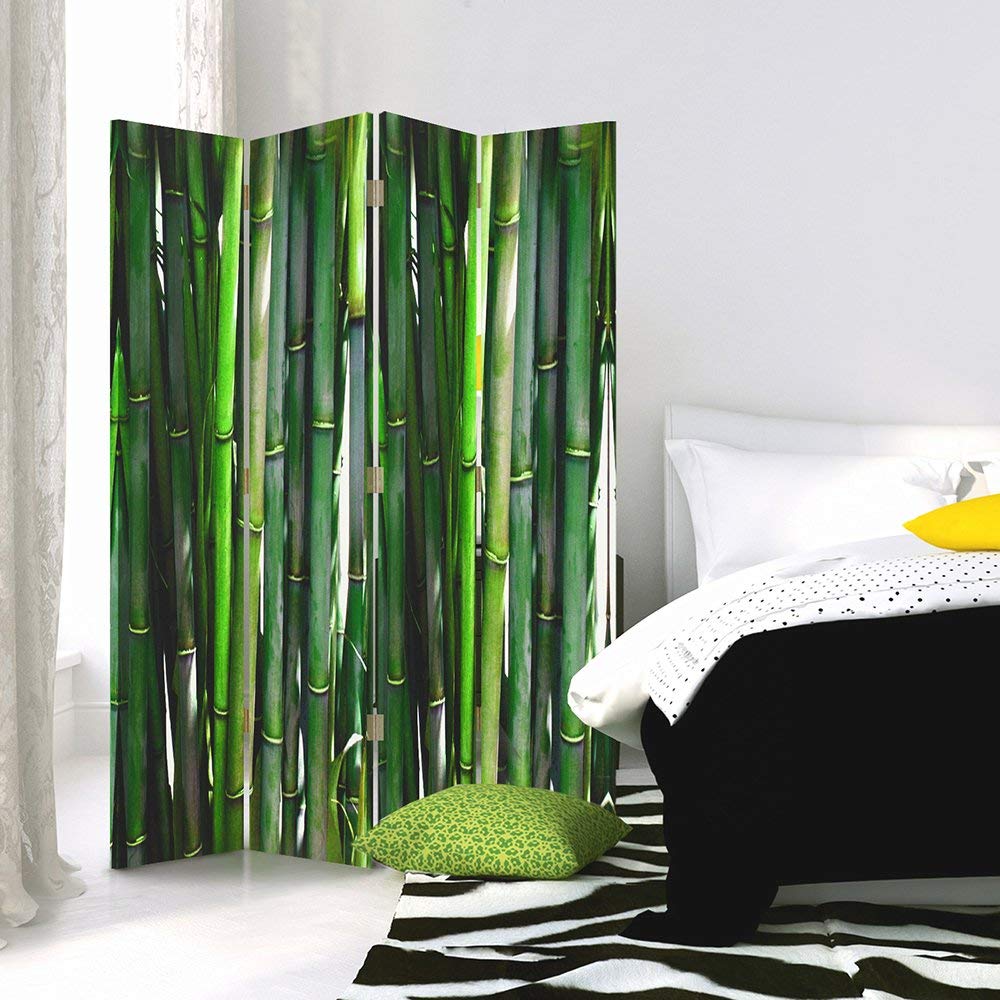 Feeby Paravent Nature 4 Panneaux 145x150 cm Une Seule Côté Cloison De Séparation Écran Pliant Paravent Interieur Décoratif Mur Espagnol Impression sur Toile Chambre d'enfant Salon Bureau Vert