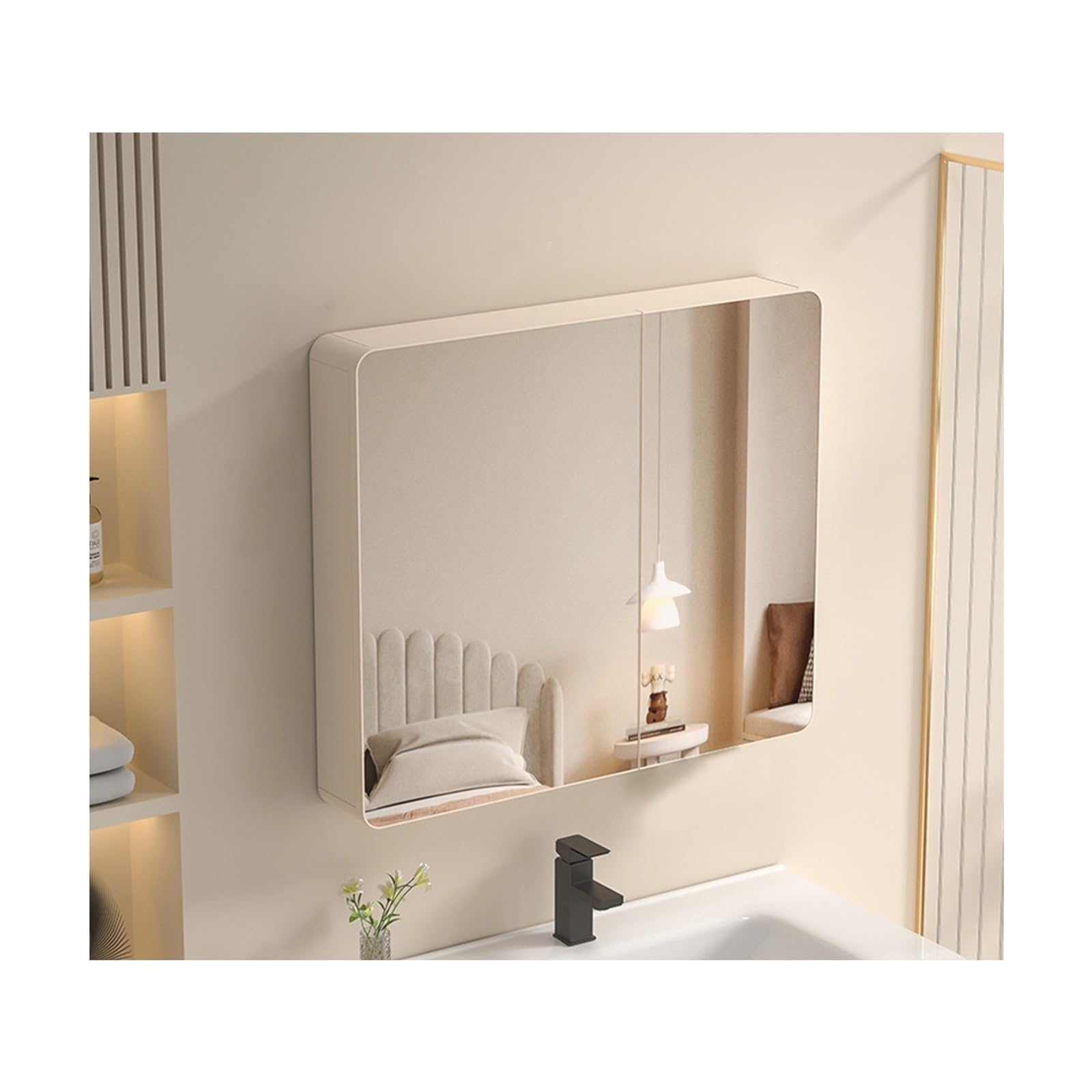 FGXHHS Wall Mounted Cabinet - Double Door Storage Cupboard with Mirror, Khaki, 80cm/31.5in Stylish for nization