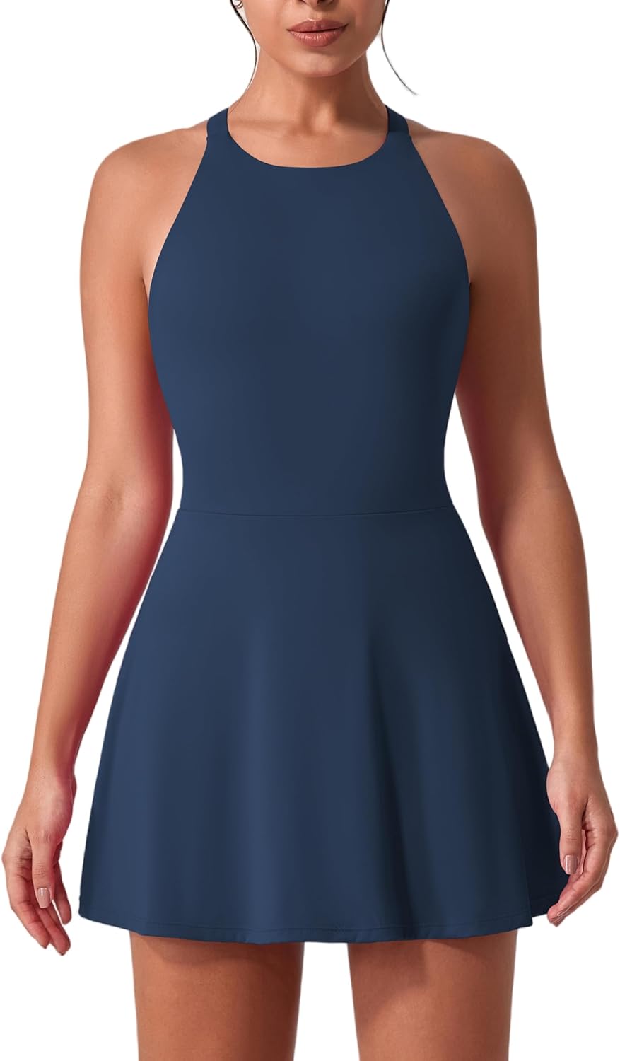 ABOCIW Womens Tennis Dress with Built-in Shorts High Neck Cross Back Athletic Dress Sleeveless Golf Workout Dress