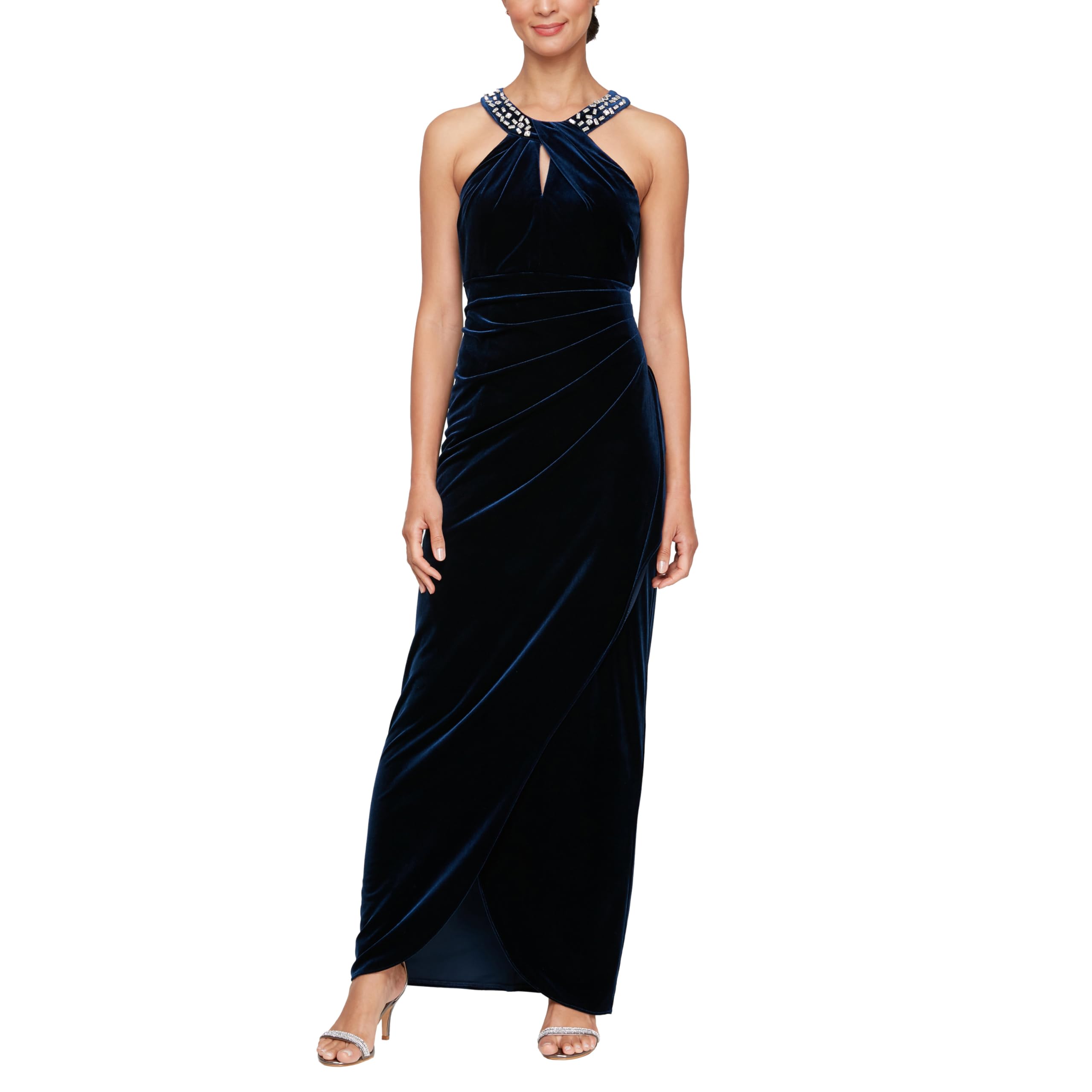S.l. Fashions Women's Imperial Velvet Long Cocktail Dress With Embellished Halter Neckline, Wedding Guest, Party (Petite And Regular Sizes), 18