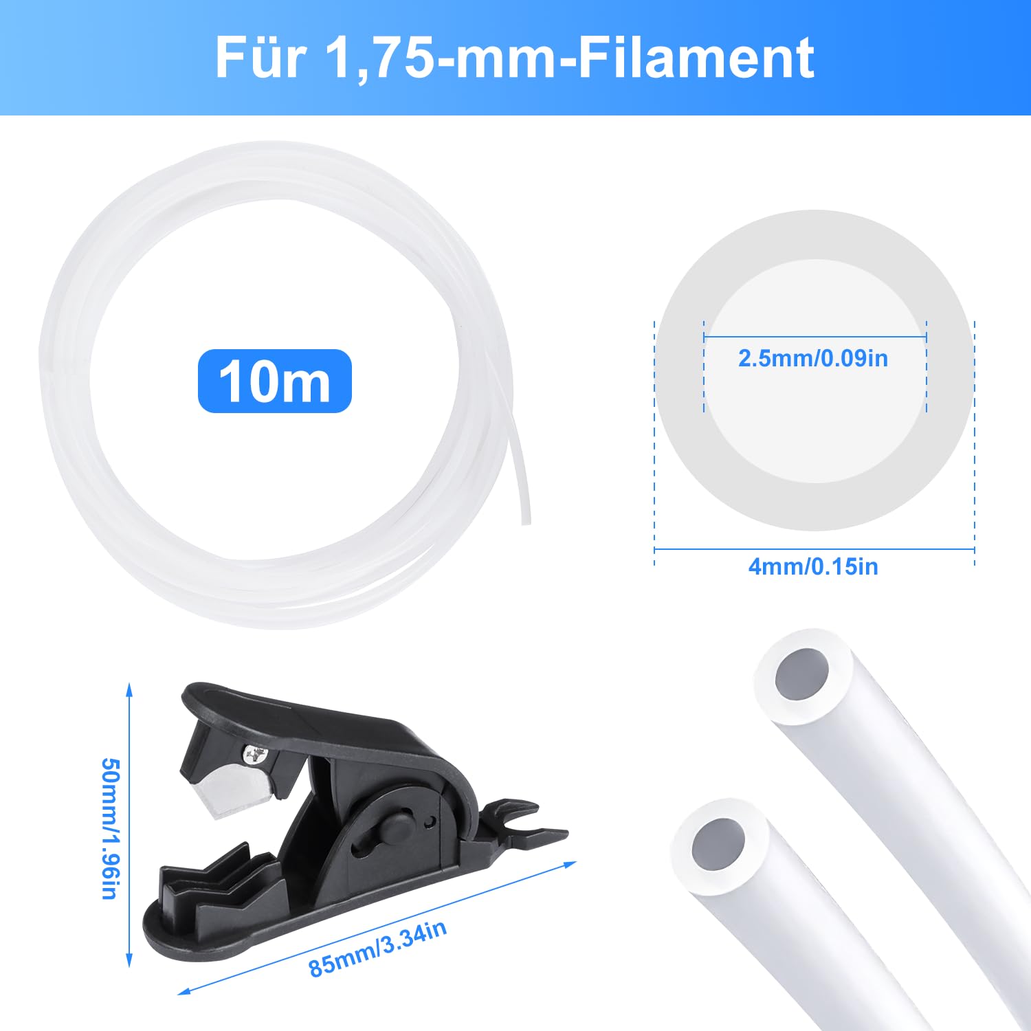 Wąż Ptfe Tube Ptfe wąż z nożem, wąż teflonowy, 4 mm x 2,5 mm, do 1,75 mm, do Bambu Lab A1/A1 mini/P1P/P1S/X1C, kompatybilny z Creality K1/K1 Max / Ender 3 V3 (biały)