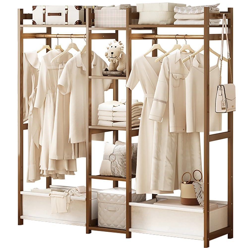 POLGDW Bamboo Clothes Rack with 5 Shelves Independent Stand for Bedroom Max Load 100kg Perfect for Dresses Shoes Hats & Accessories Storage