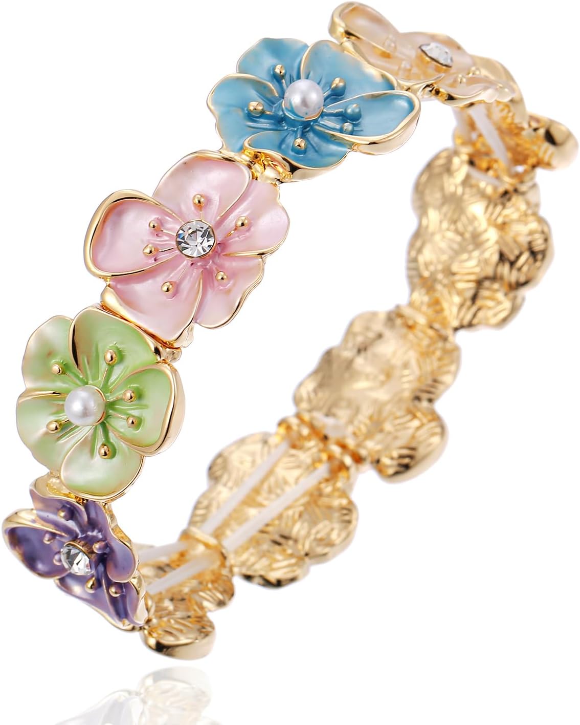 LUREME 3D Enamel Flower Bracelet with Pearl & Crystal Center, Pastel & Forest Green Stretch Cuff, Lightweight Elastic Bangle for Women(bl003637)