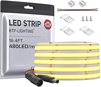 BTF-LIGHTING FCOB COB LED Strip Flexible High Density Uniform Light 9W/m 16.4FT DC12V Warm White 2700K CRI 90+ 8mm Width Dimmable LED Ribbon for Indoor Decoration(No Adapter or Controller)