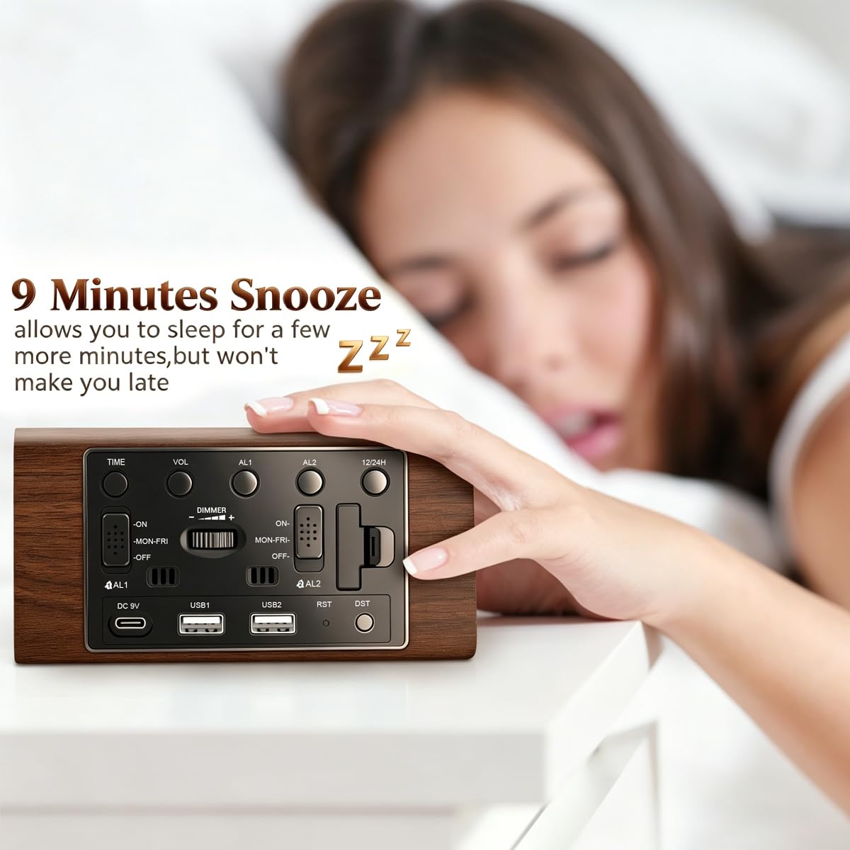 Kogonee Digitaler Wecker aus Holz, 0-100% Helligkeit Dimmer & Lautstärke, Temperaturerkennung, Datum, Wochentag/Wochenendmodus, Dual-Alarm, Holz-LED-Uhr für Schlafzimmer, Nachttisch (Braun)