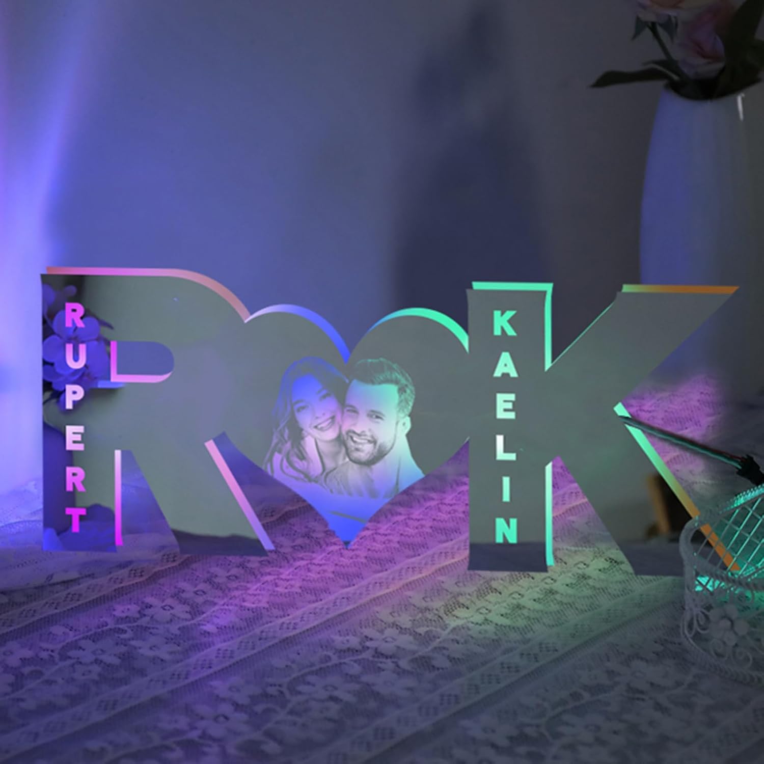 Drawelry Personalized Name Mirror LED Light - Custom Photo Date Light Up Neon Signs Livingroom Bedroom Wall Decor - Letter and Photo