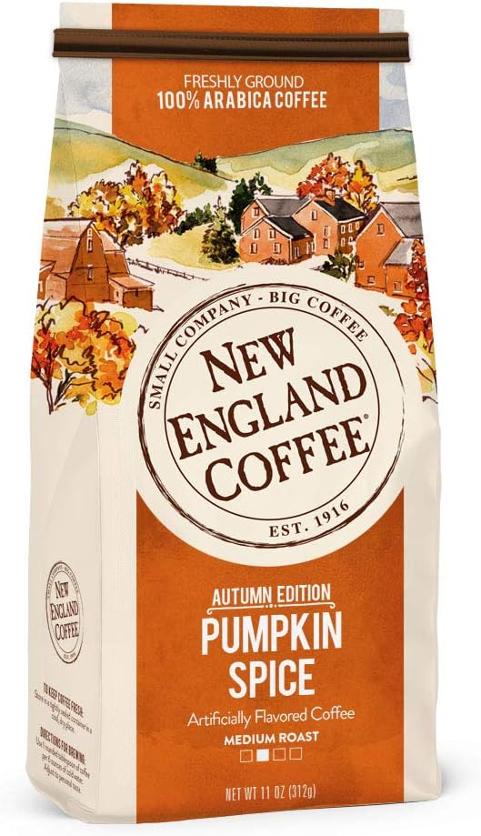 New England Coffee Pumpkin Spice Medium Roast Ground Coffee, 11oz Bag (Pack of 1)