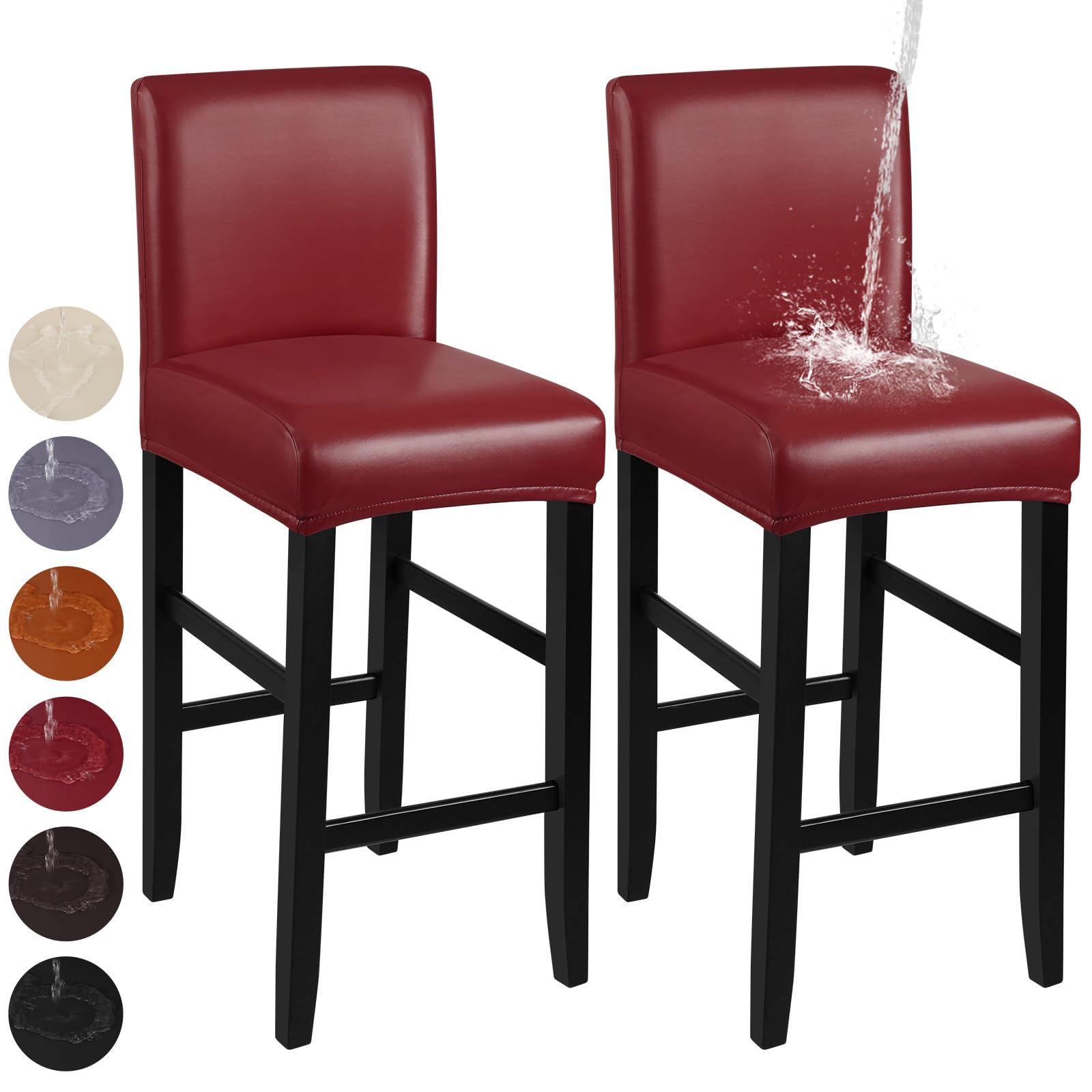 YISUN Bar Stool Covers, Stretch Waterproof PU Bar Stool Slipcover Removable Washable Bar Stool Chair Covers, High Chair Cover with Elastic Bands (2