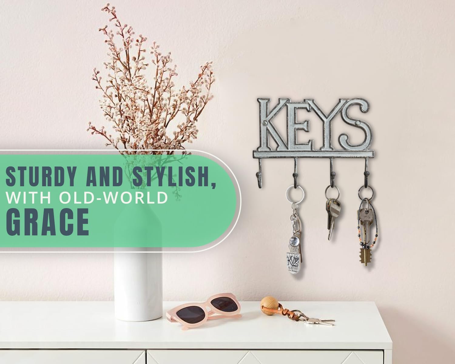 Comfify White Cast Iron Key Holder for Wall – Keys Sign with 4 Hooks image 4