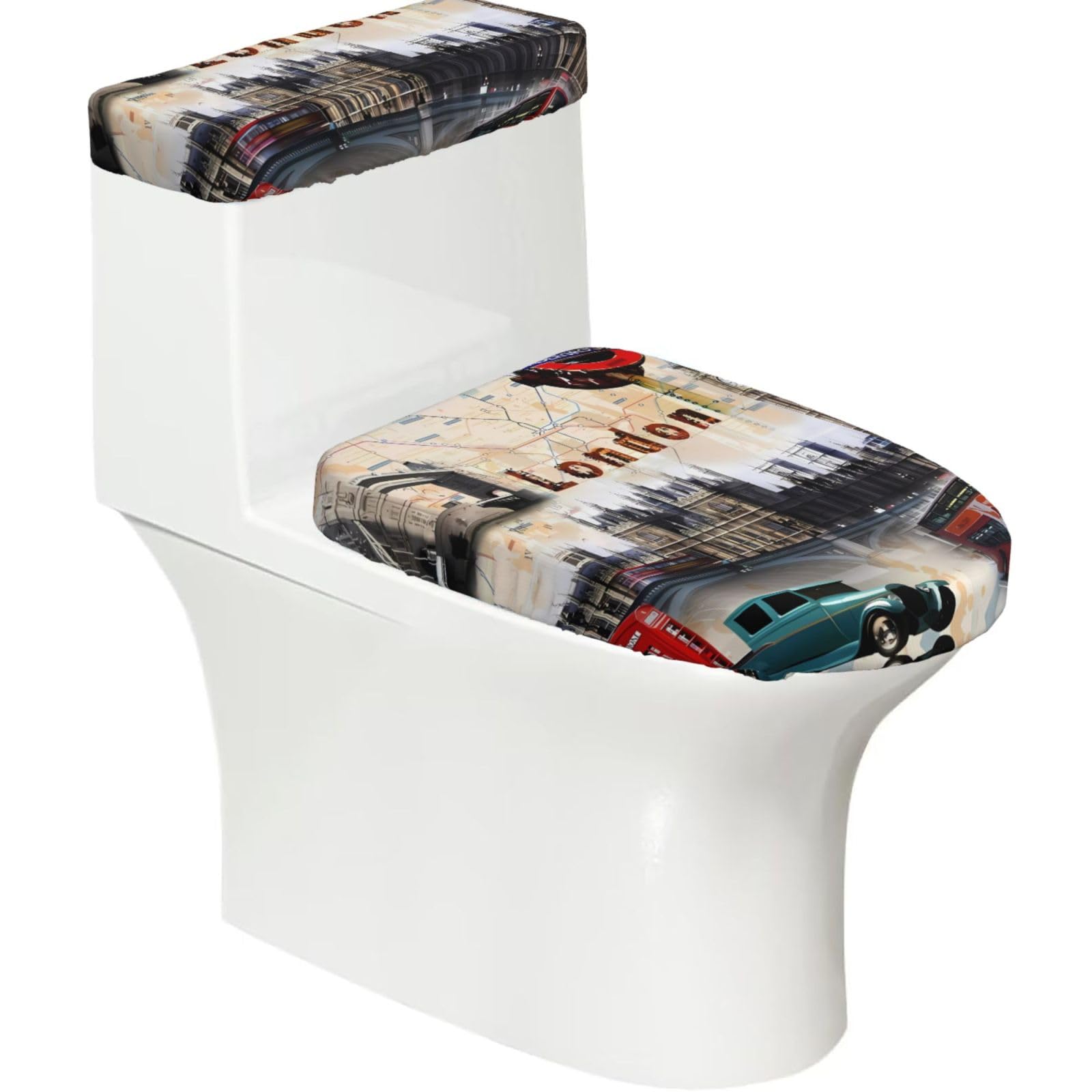 Old London Photo 2-Piece Toilet Seat Cover Set with Tank Lid - Elastic for U-Shape & Elongated - Bathroom Decor