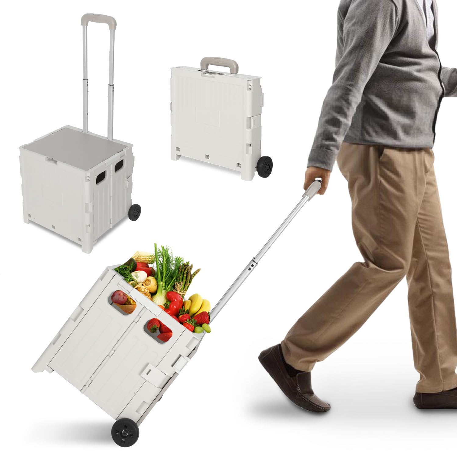 Wózek na zakupy 45 litrów, składany, 2 duże koła, regulowany drążek do ciągu, obciążenie do 40 kg, oszczędność miejsca, pomoc na zakupy na targach tygodniowych i zakupy (biały)