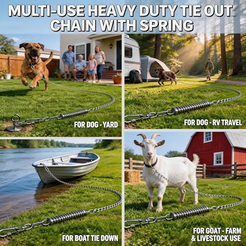 Image of Heavy Duty Dog Tie Out Chain with Spring for Yard, 304 Stainless Steel 4MM Chew Proof Metal Leash for Large Dogs, 200lbs Shock Absorbing Dog Runner Cable (1 Spring+Chain /25ft)