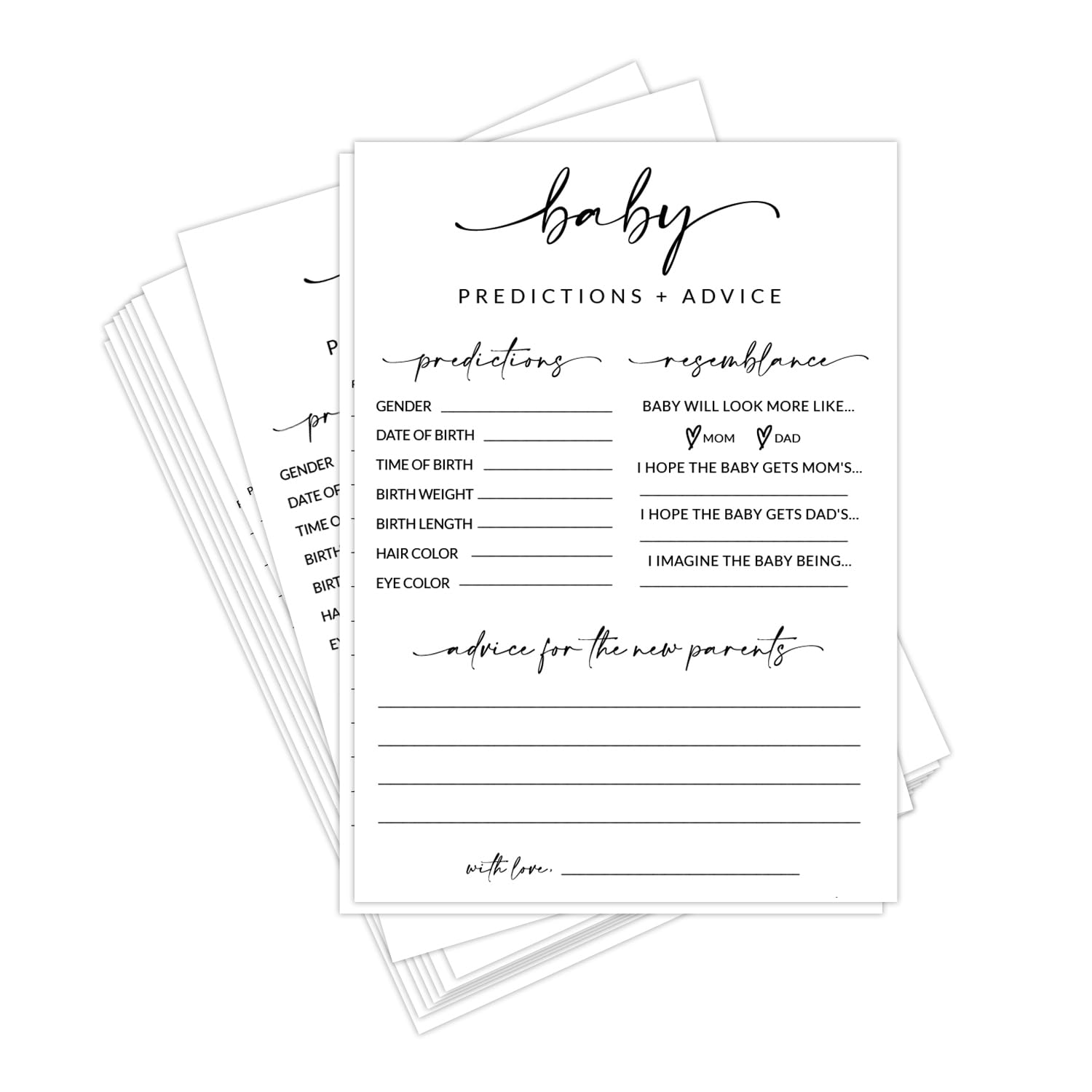 HerZii Prints Baby Shower Predictions and Advice Cards – 50 Large Gender Neutral Baby Shower Game Cards – Fun Baby Shower Activities for Guests,