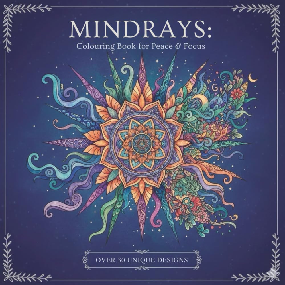 MINDRAYS: Colouring Book for Peace & Focus: Intricate Line Art Designs for Mindfulness, Featuring Mandalas, Nature, and Mystical Architecture