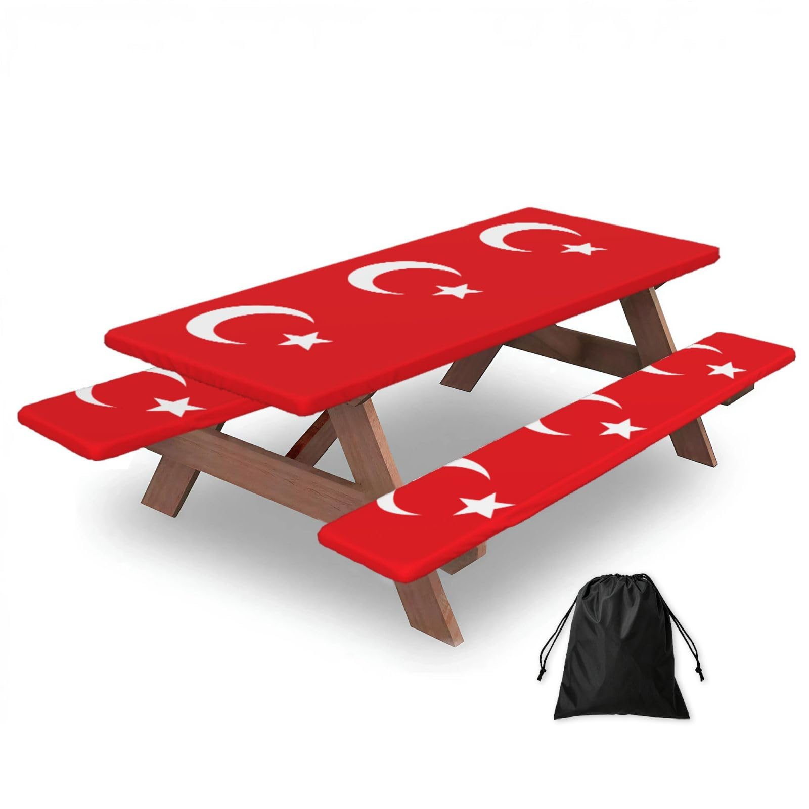 72in Camping Table Cover & Bench Covers 3-Pack Set, Flag of Turkey Print Tablecloths, for Rectangle Tables Picnic