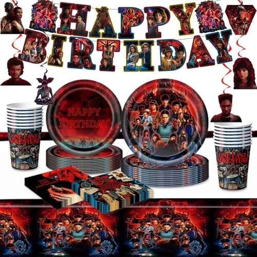 88PCS Stranger Birthday Party Full Supplies Kit1 Banner + 6 Hanging Swirls + 20 (9-inch) Plates + 20 (7-inch) Plates + 20 Napkins + 20 Cups + 1 Tablecloth