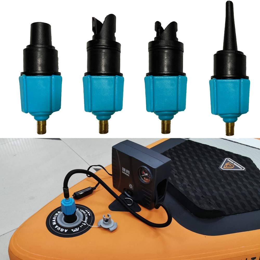 PeSandyInflatable SUP Pump Adaptor Compressor Paddle Board Pump Adapter, Multifunction SUP Valve Adapter with 4 Air Valve Nozzles for Inflatable Boat, Stand Up Paddle Board, Inflatable Bed, Dinghy
