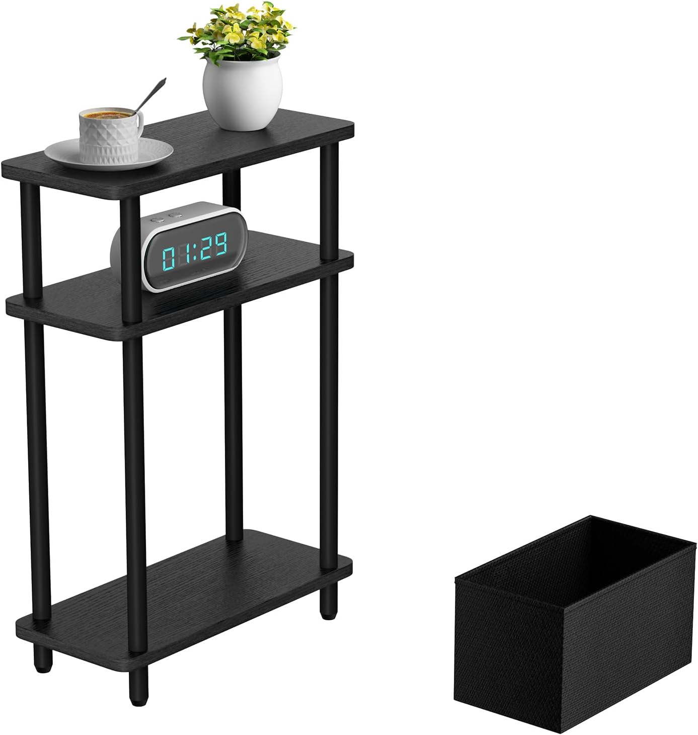 THUMEYE Narrow Side Table with Fabric Basket, 7" Wide, 3 Tier Skinny End Table with Wood Legs, Slim Nightstand/Bedside Table for Small Spaces, with Adjustable Feet, 15.7" L x 23" H