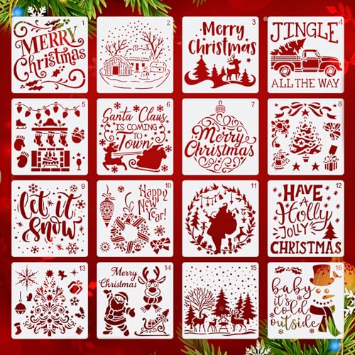 16 Stück Schablone Weihnachten, Schablonen Kinder, Schablonen Vintage, Malschablonen Kinder, Schneespray Fenster Schablone, Schneespray Schablone, Kunststoff Weihnachtsschablonen (15 X 15cm)
