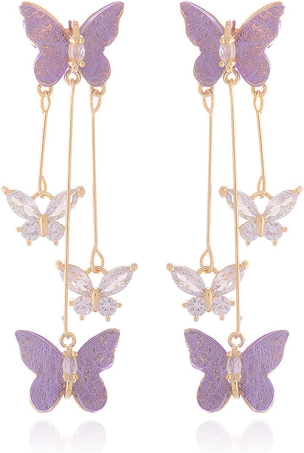 Purple Butterfly Earrings for Women Tassel Style Zircon Earrings Animal Butterfly Drop Earrings Butterfly Dangle Earrings Butterfly Tassel Earrings for women Butterfly Gifts for Women