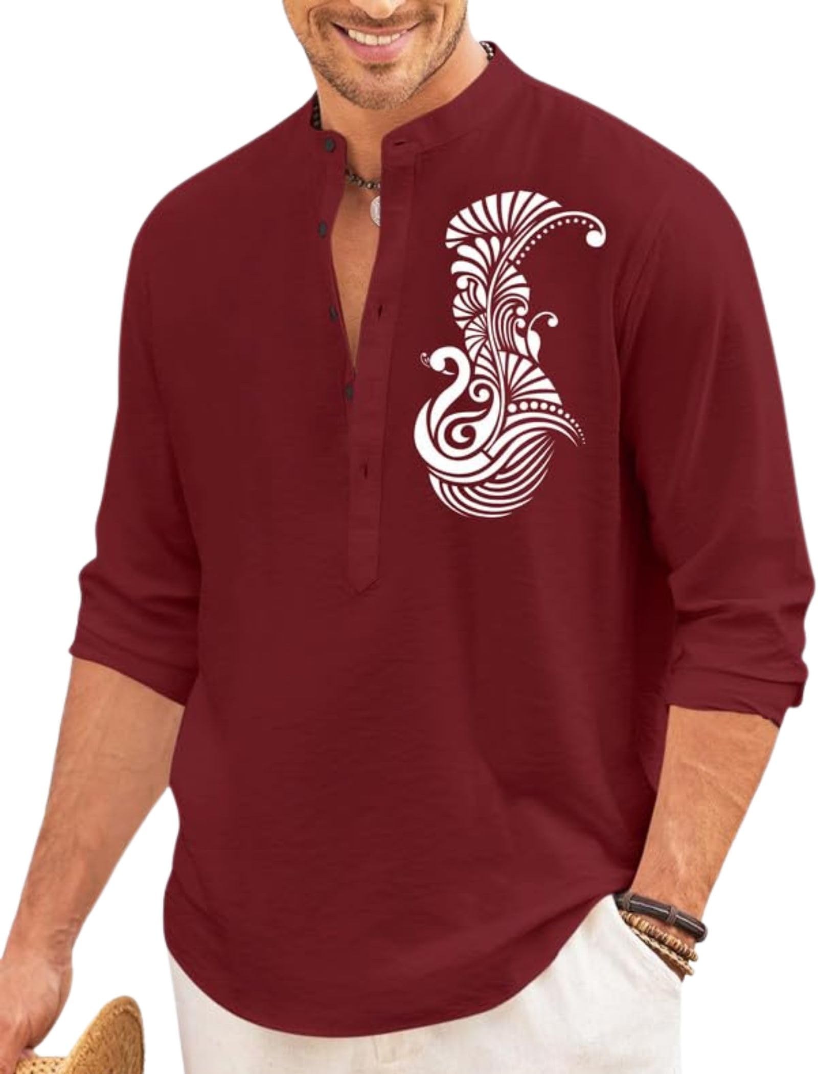 finivo fashion Men’s Printed Cotton Blend Short Kurta with Artistic Chest Design | Stylish Full Sleeve Casual Kurta with Mandarin Collar for Daily, Travel Soft Textured-picture-31