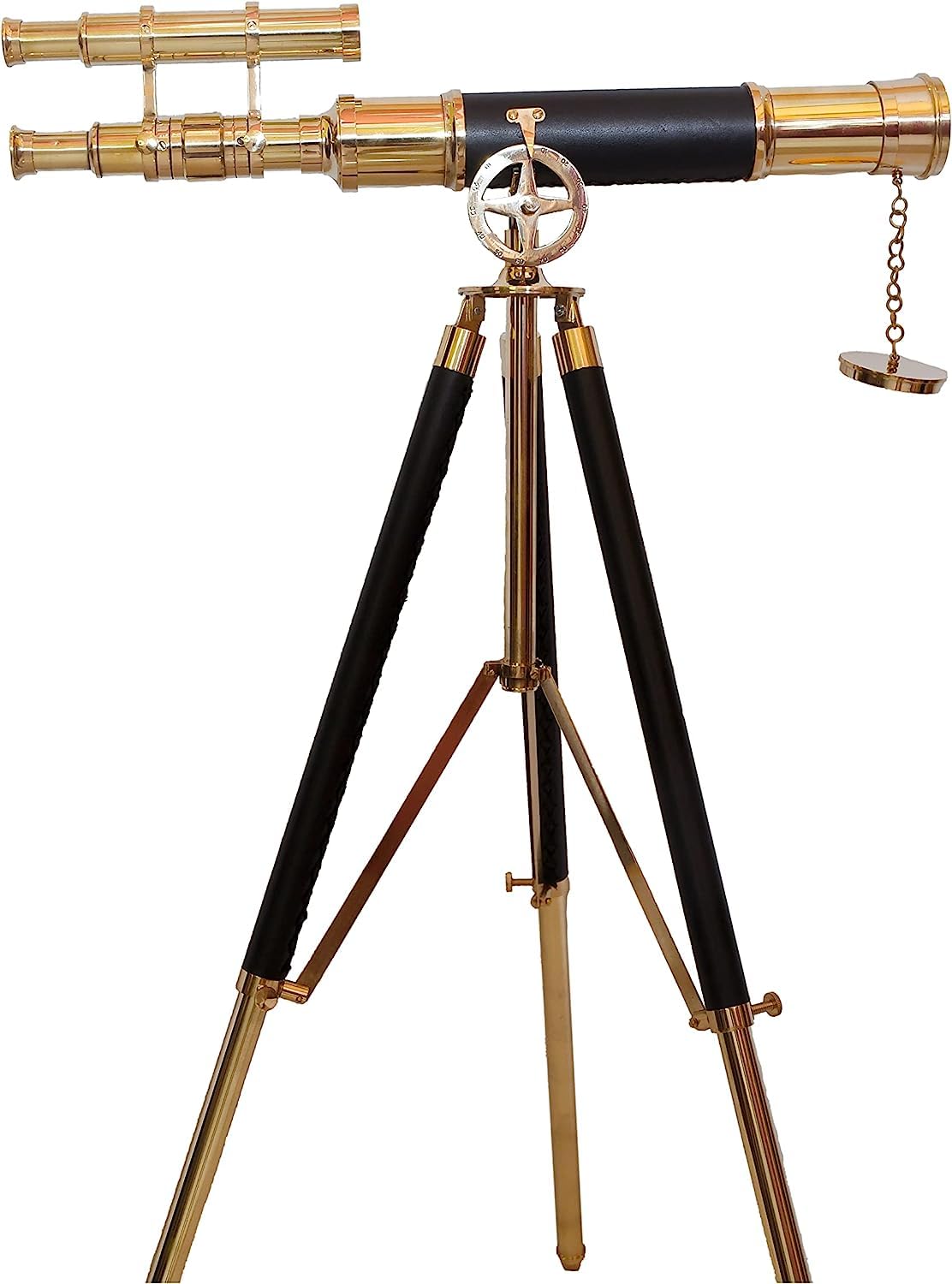 Vintage Double Barrel Brass Nautical High Magnification Telescope Adjustable Brass Leather Tripod Stand Scope
