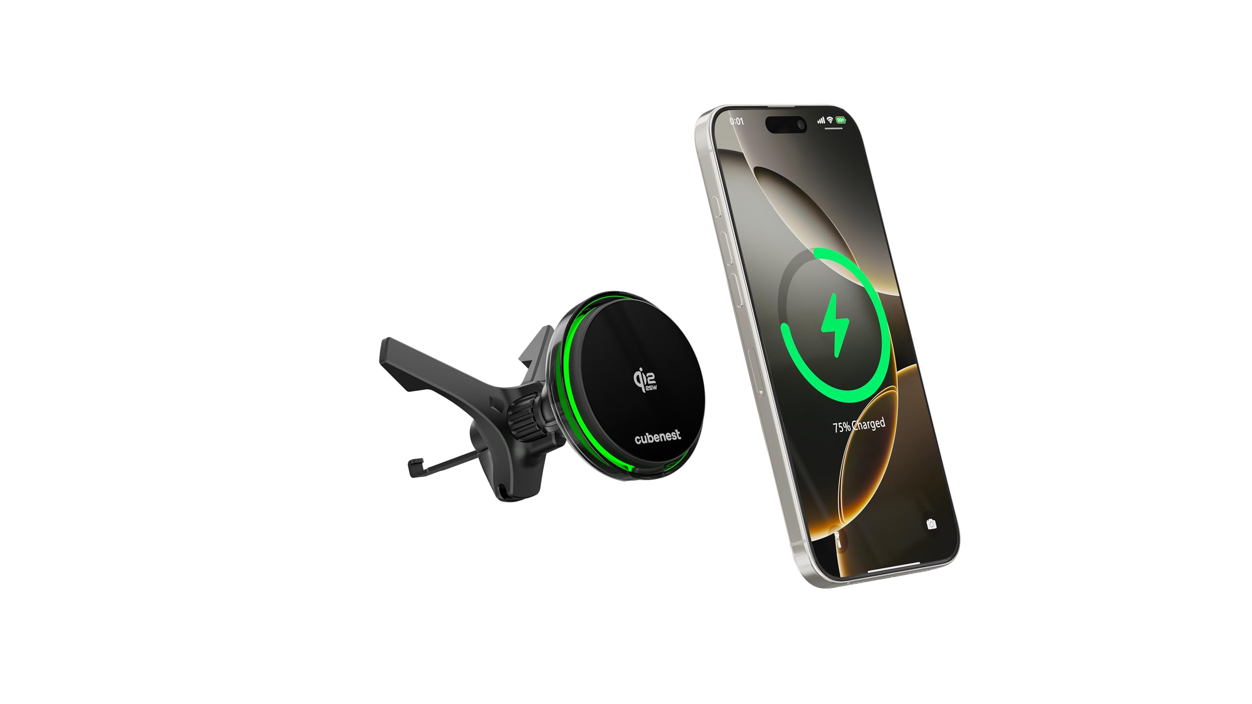 Cubenest SQ1C3 Qi2.2 kabelloses Auto-Ladegerät mit magnetischer Halterung, 25W, Lüftungshalterung, USB-C, Schwarz