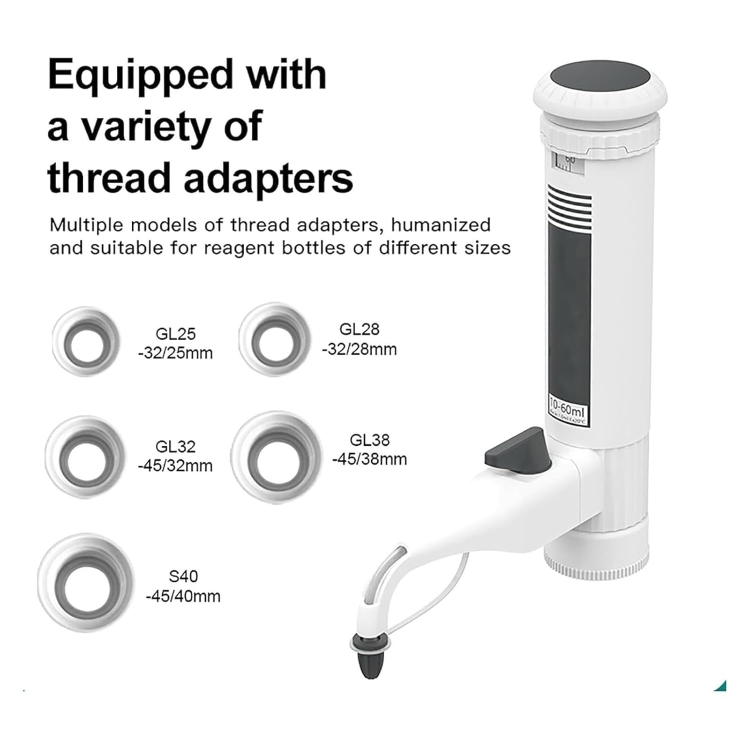 Laboratory Bottle Dispenser, Adjustable Liquid Pipettes 0.5-60ml, Double Valve Design with 5 Thread Adapters for Accurate Scientific Research, Bottle Not Included(2-10ml)