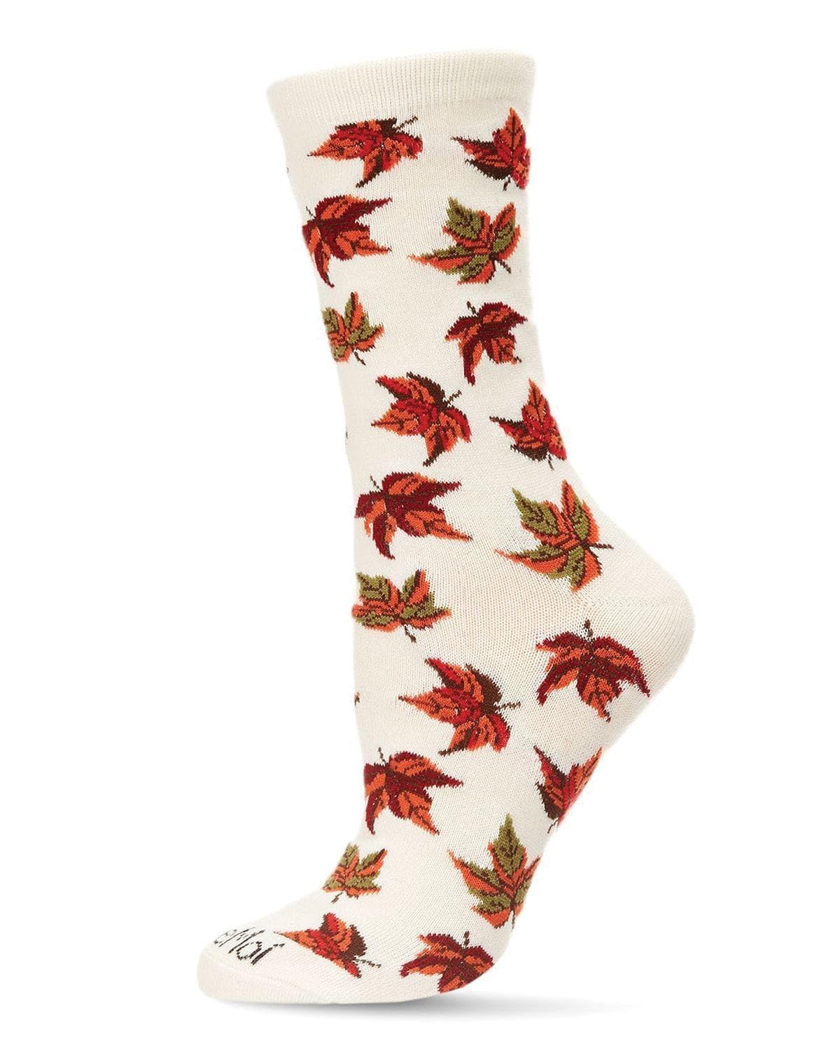 MeMoi Women's Autumn Falling Leaves Rayan Blend Crew Socks, Winter White, 7.5-10.5 UK