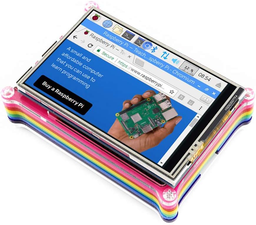 Waveshare 3.5-inch LCD displaying a web browser on a Raspberry Pi, showing the Raspberry Pi websitu.