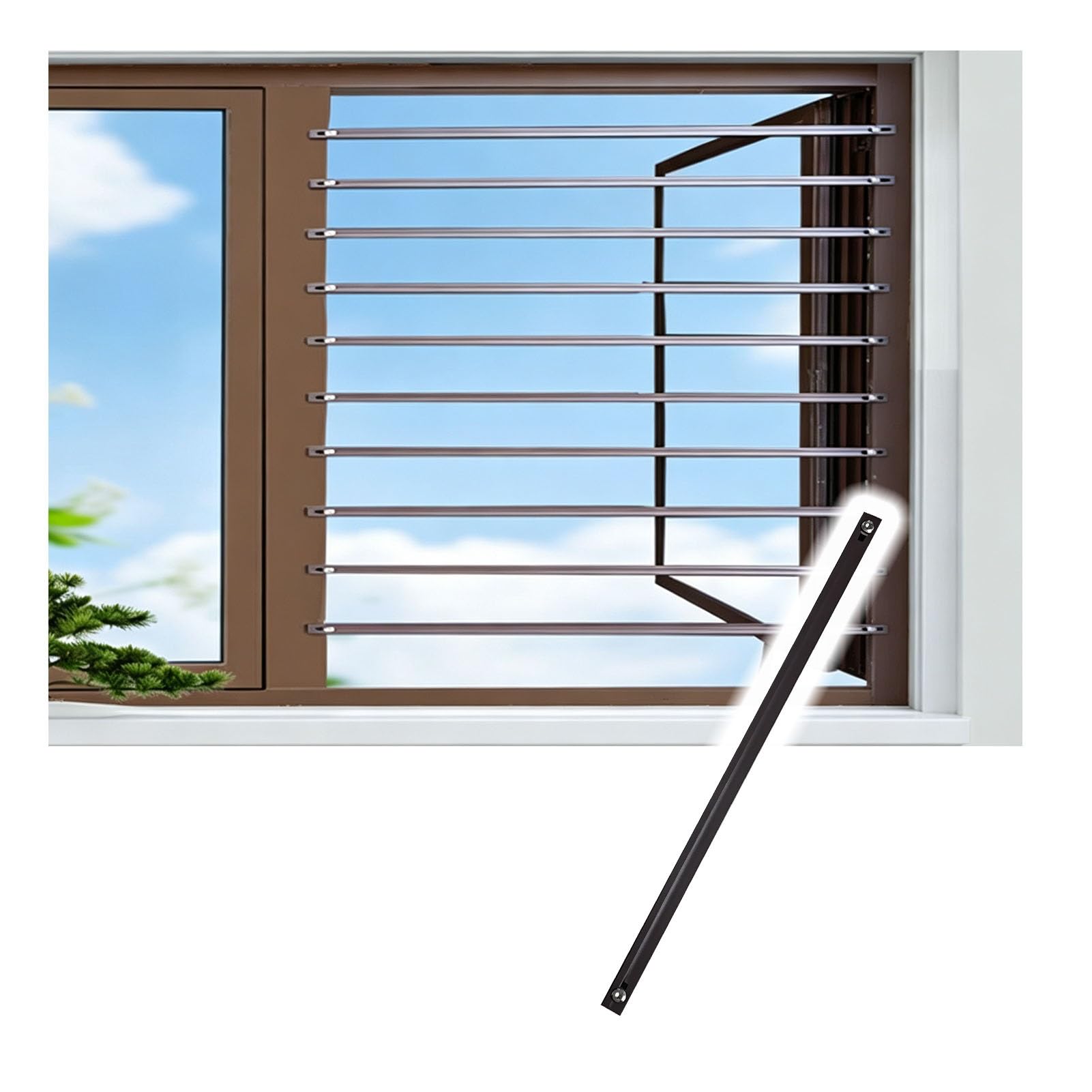 Rejilla De Protección Antirrobo para Ventanas, Barra De Seguridad | Montaje Por Sujeción Sin Taladros; Fabricada En Aleación De Aluminio Y Magnesio; Rieles Ajustables(marrón,61-70cmx1)