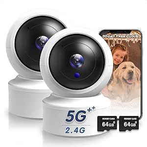 Indoor Security Camera, 2K HD Pan/Tilt Wireless Pet Camera for Baby Monitor, 5G & 2.4G WiFi Home Security Camera for Dog/Nanny, Night Vision, Siren, Compatible with Alexa & Google 2Pcs (64G SD Card) asin的图片
