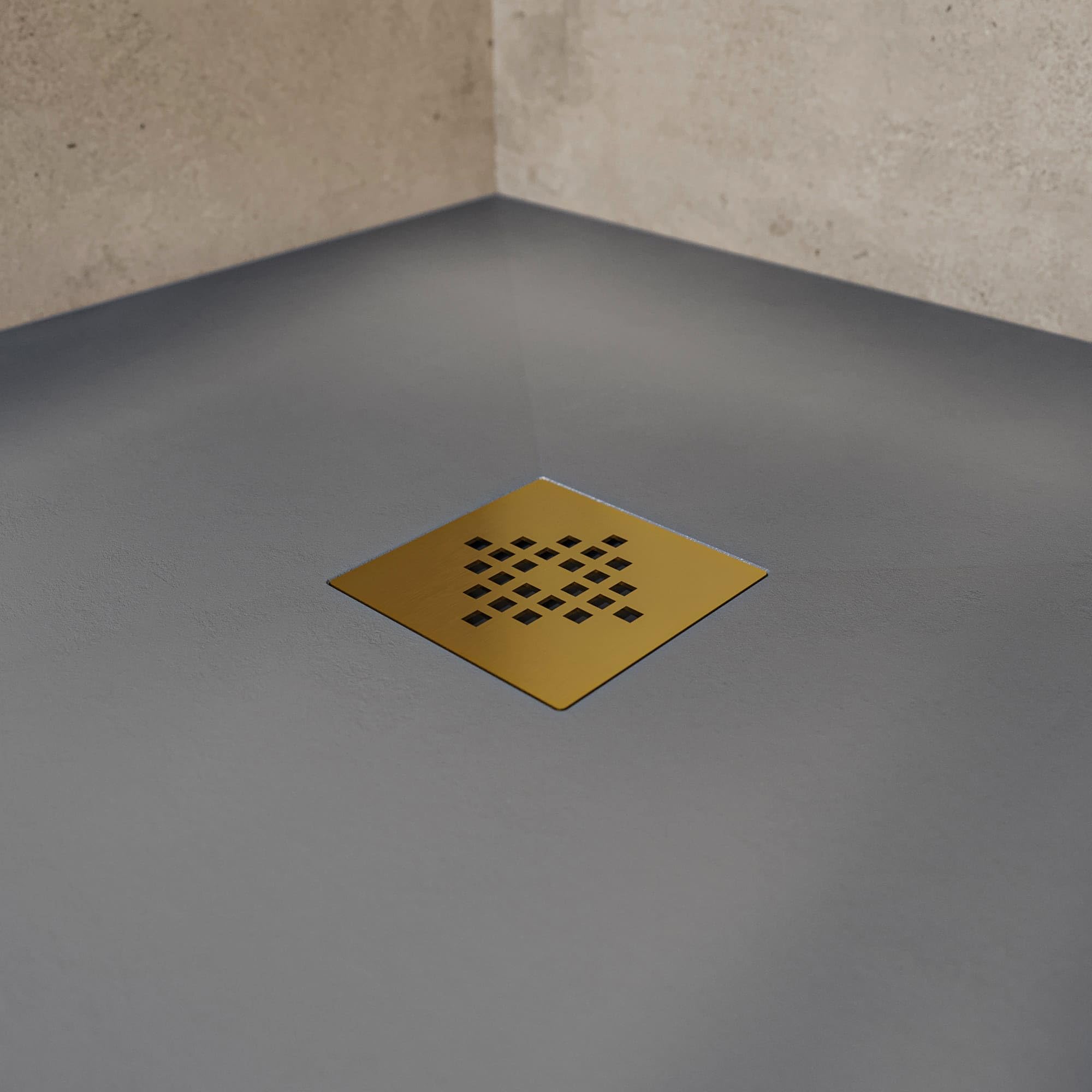 SoulHome Plato de Ducha Resina 210x90 Cemento - Rejilla Dorada | Antideslizante C3, Extraplano, Resina y carga mineral, Textura Liso Piedra, Antibacteriano, Gel-coat, Incluye válvula desagüe