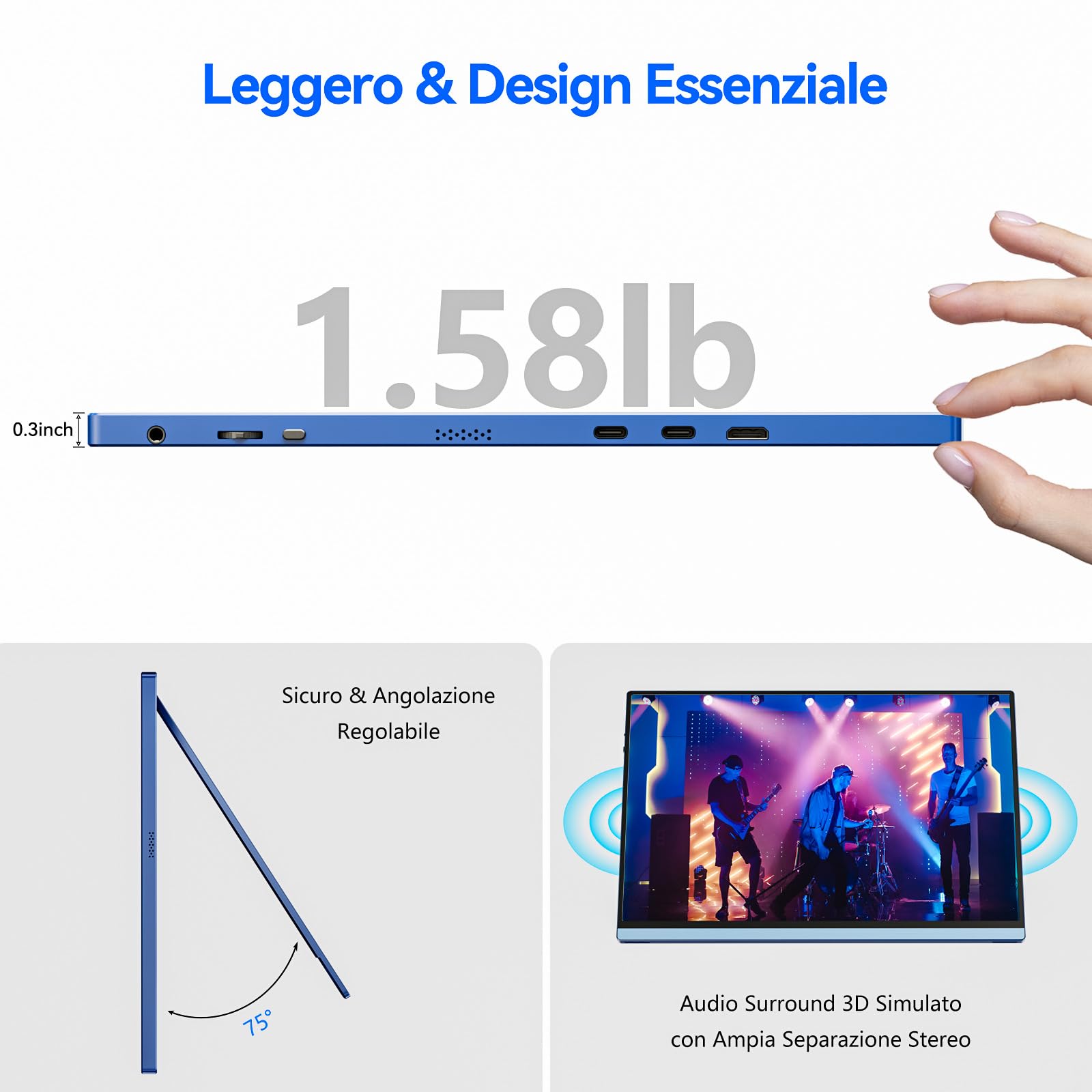 Veout Monitor portatile da 16" monitor per laptop IPS 1920 x 1200P con connettore USB - C monitor per gaming con FreeSync e HDMI dotato di un piedino regolabile disponibile