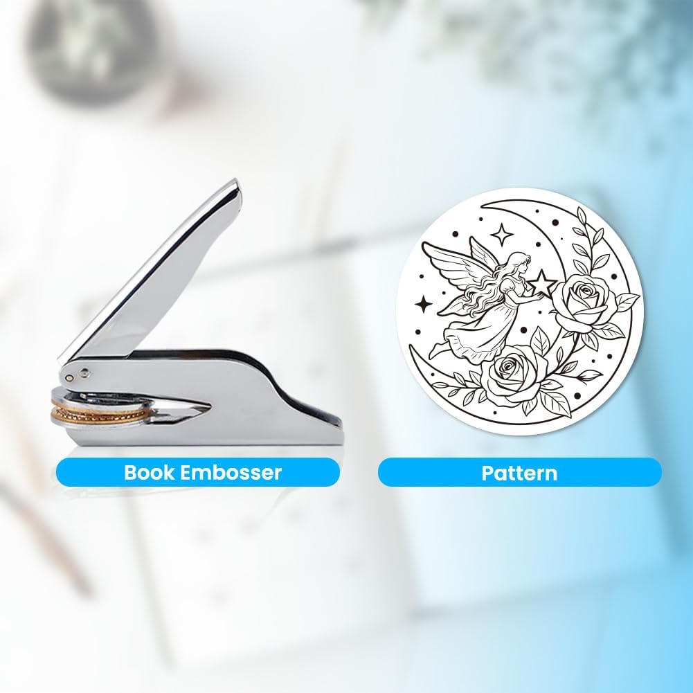 ANATTASOUL Book Embosser Personalized Rose and Fairy Pattern Book Stamp, Durable Library Stamp with Handle Set for Books, Library, Envelopes, Documents, Invitation
